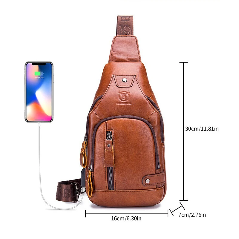 (image for) BULLCAPTAIN Mens Genuine Leather USB Charging Large Capacity Business Casual Chest Bag Shoulder Crossbody Bag